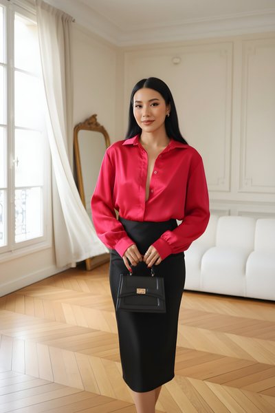 قميص كلاسيكي عنابي بياقة ساتان