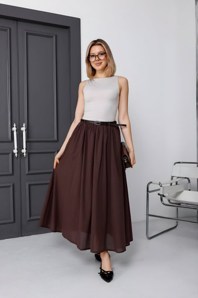 Long Voile Linen Belted Lined Skirt - Burgundy