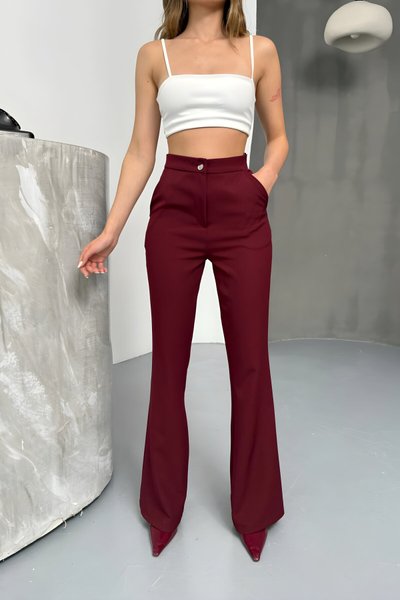 High Waist Wide Leg Pants - Burgundy