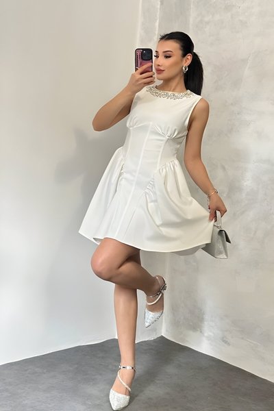 Mini Waist-Fitted Stone Necklace Dress - Ecru