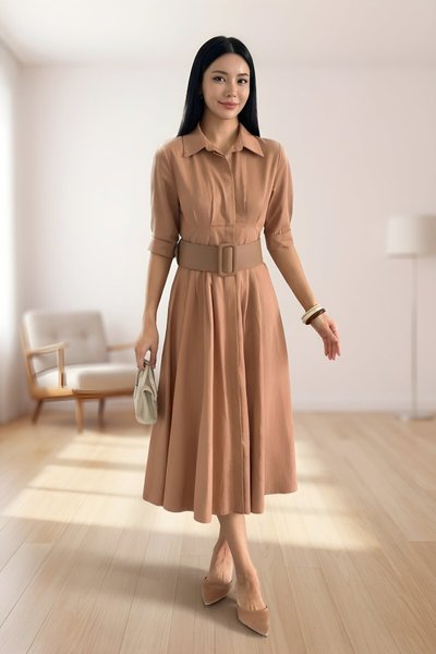 Midi Half Sleeve Belted Dress - Brown