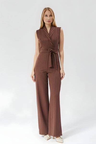 Striped Belted Jumpsuit - Brown