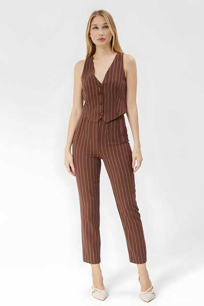 Ankle-Length High-Waist Striped Pants - Brown