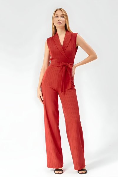 Striped Fabric Belted Jumpsuit - Red