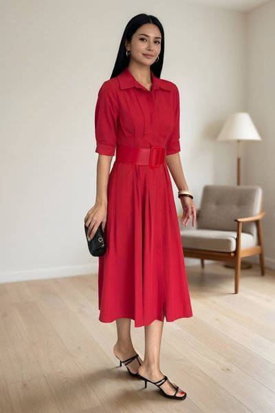 Midi Half-Sleeve Belted Lucy Dress - Red