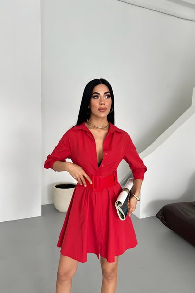 Mini Half-Sleeve Belted Dress - Red