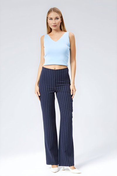 Wide Leg Striped Fabric Pants - Navy Blue