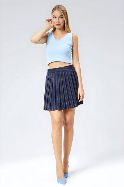 Mini Striped Pleated Skirt - Navy Blue