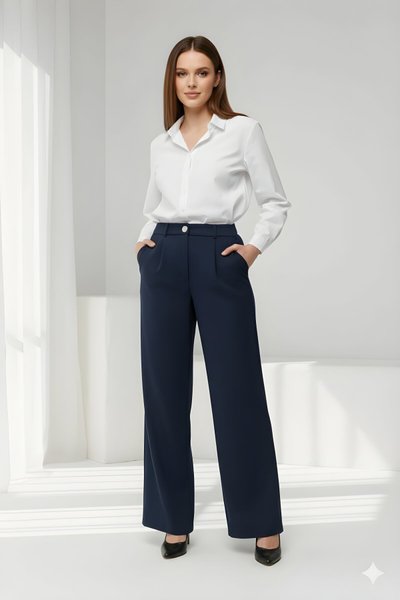 بنطلون بالازو واسع الساق كحلي بجيوب