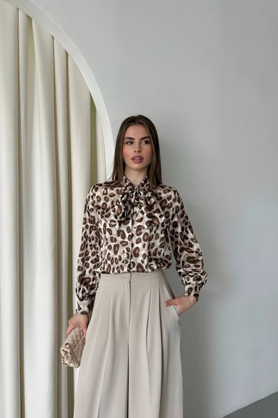 Leopard Digital Print Satin Bow Shirt
