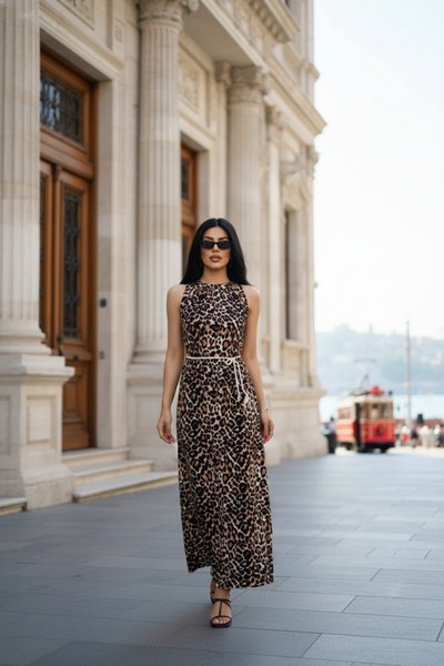 Leopar Uzun Bağcıklı Elbise