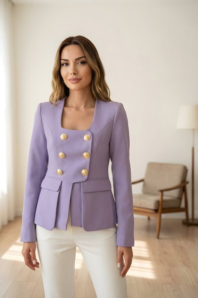Square Neck Gold Button Jacket - Lilac