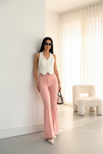 Flare Leg Stitched Elastic Waist Pants - Powder