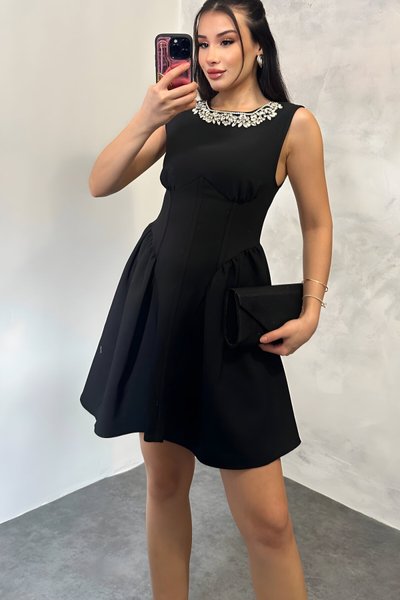 Mini Waist-Fitted Stone Necklace Dress - Black