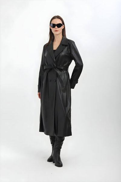 Belted Leather Trench Coat - Black