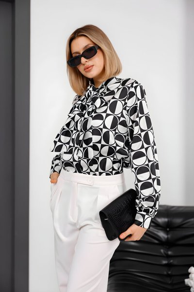 Digital Print Satin Bow Shirt - Black