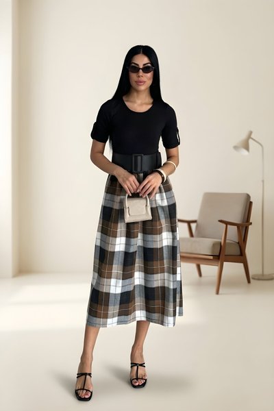 فستان ميدي أسود كاروهات بحزام