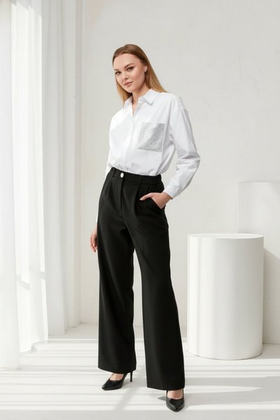 بنطلون كلاسيك واسع أسود بجيوب