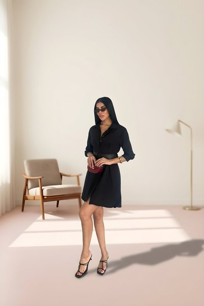 فستان ميدي أسود بنصف كم وحزام