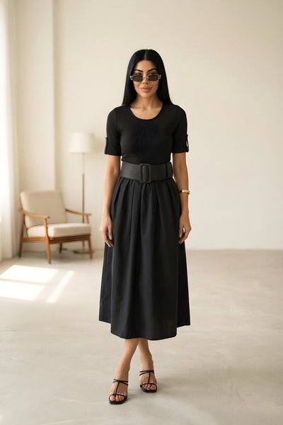 Midi Summer Ribbed Belted Dress - Black