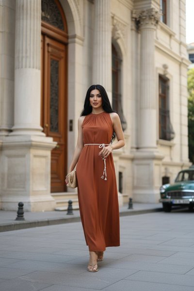 Taba Uzun Bağcıklı Elbise