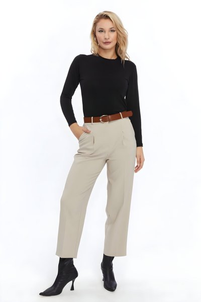 Ankle Length Belted Fabric Pants - Mink