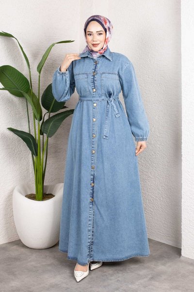 Açık Mavi Gömlek Yaka Kemerli Denim Tesettür Elbise