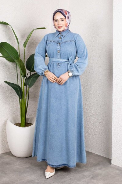 Açık Mavi Kemerli Düğmeli Kot Tesettür Elbise