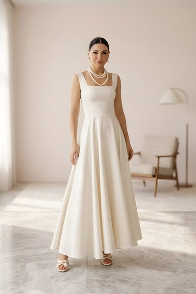 Long Strappy Square Neck Tie-Detail Dress - White