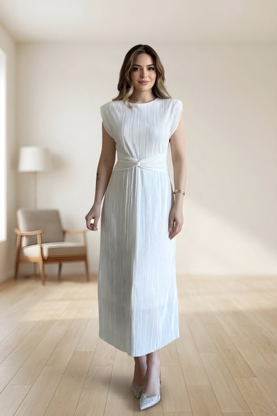 Midi Pleated Waist Detail Dress - White