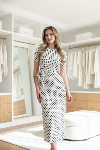 فستان ميدي أبيض منقط بفتحة وتفاصيل ربط