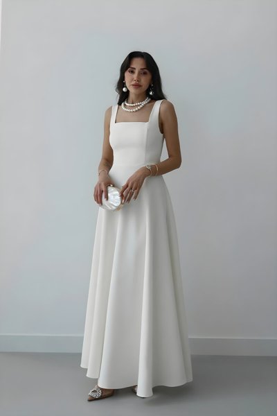 Long Square Neck Back Tie Dress - White