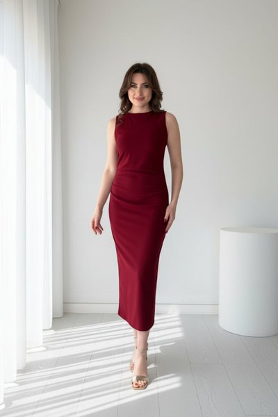 Bordo Drape Detaylı Midi Krep Elbise