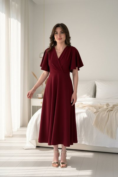 Bordo Midi Volanlı Kruvaze Yaka Elbise