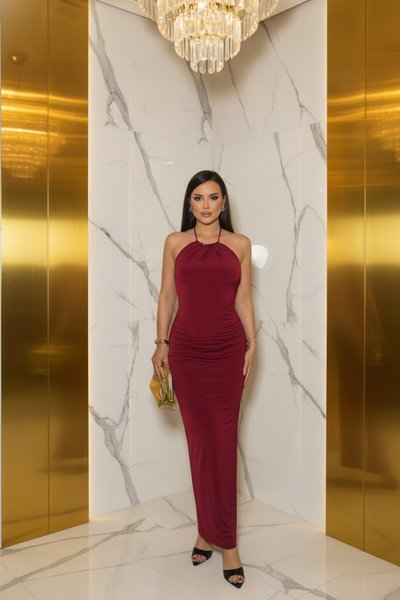 Long Halter Neck Accessory Detail Slit Evening Dress - Burgundy