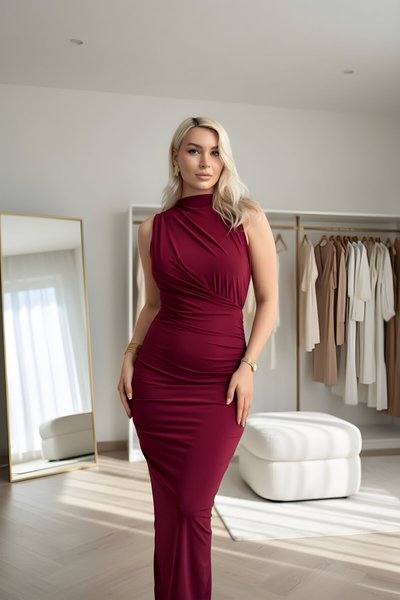 Long Sandy Sleeveless High-Collar Drape-Detail Slit Dress - Burgundy