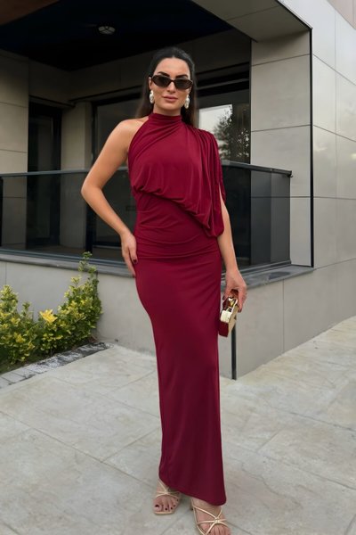 Long One-Shoulder Ruched Batwing Sleeve Evening Dress - Burgundy