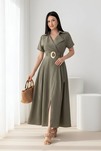 Midi Shirt Collar Buckled Belted Dress - Khaki