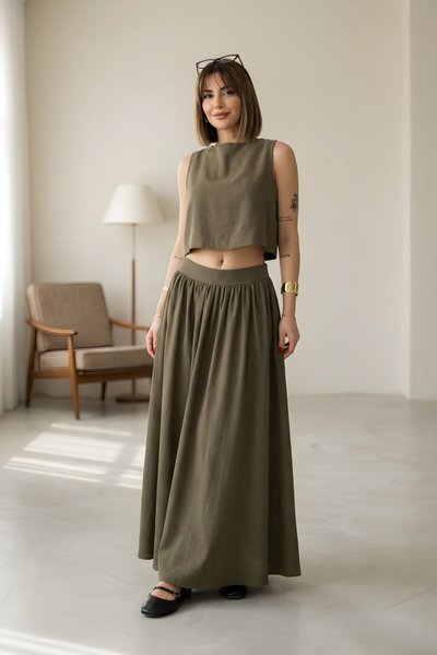 Loose-fit Sleeveless Blouse Skirt Set - Khaki