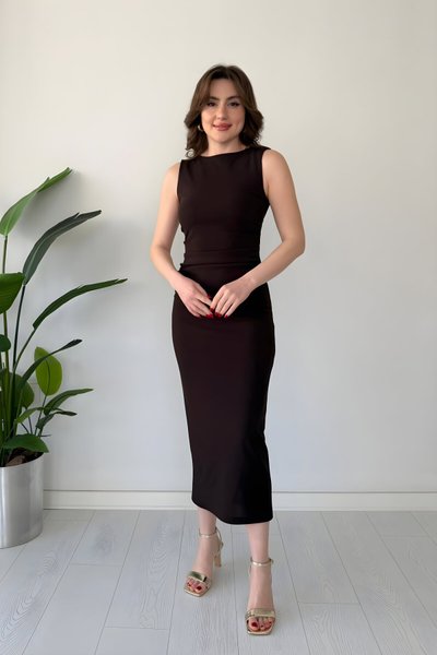 Midi Crepe Drape Detail Dress - Brown