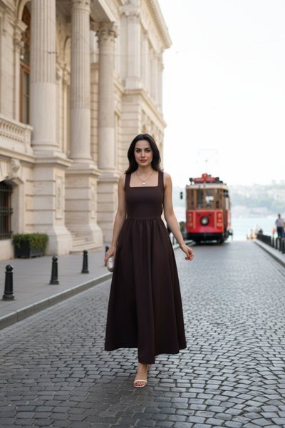 Kahverengi Midi Kare Yaka Fiyonk Detaylı Elbise