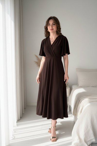 Kahverengi Midi Volanlı Kruvaze Yaka Elbise