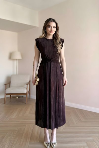 Midi Pleated Waist-Detail Dress - Brown