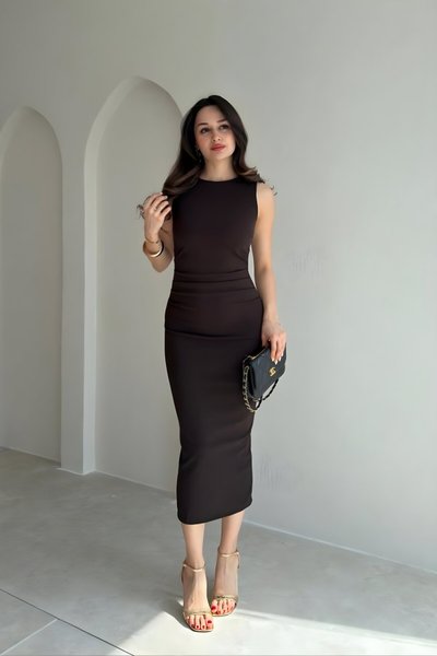 Midi Sleeveless Crepe Draped Slit Dress - Brown