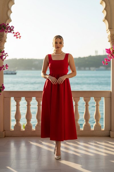 Kırmızı Kare Yaka Askılı Sırt Dekolteli Fiyonklu Midi Elbise