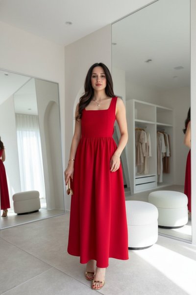 Kırmızı Midi Sırt Dekolteli Kare Yaka Elbise