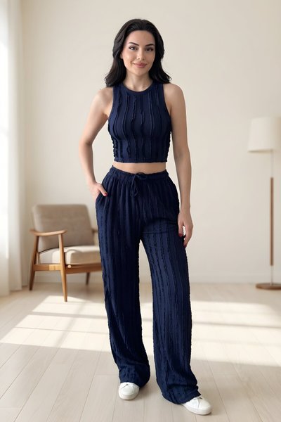 Crop Halter Neck Reverse Stitch Pants Set - Navy Blue