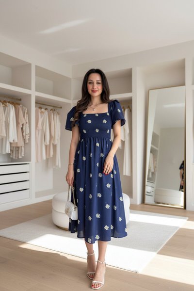Lacivert Papatya Desenli Midi Gipeli Kare Yaka Elbise