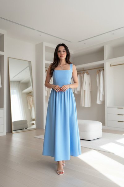 Mavi Midi Sırt Dekolteli Kare Yaka Elbise