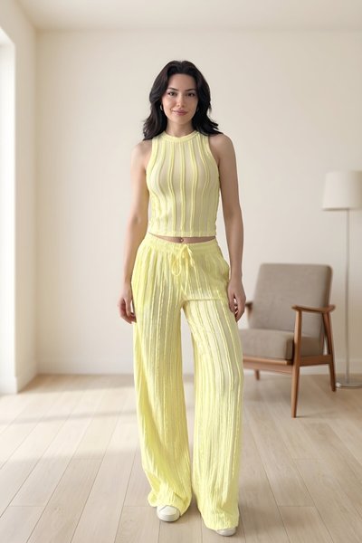 Crop Halter Neck Reverse Stitch Trouser Set - Yellow